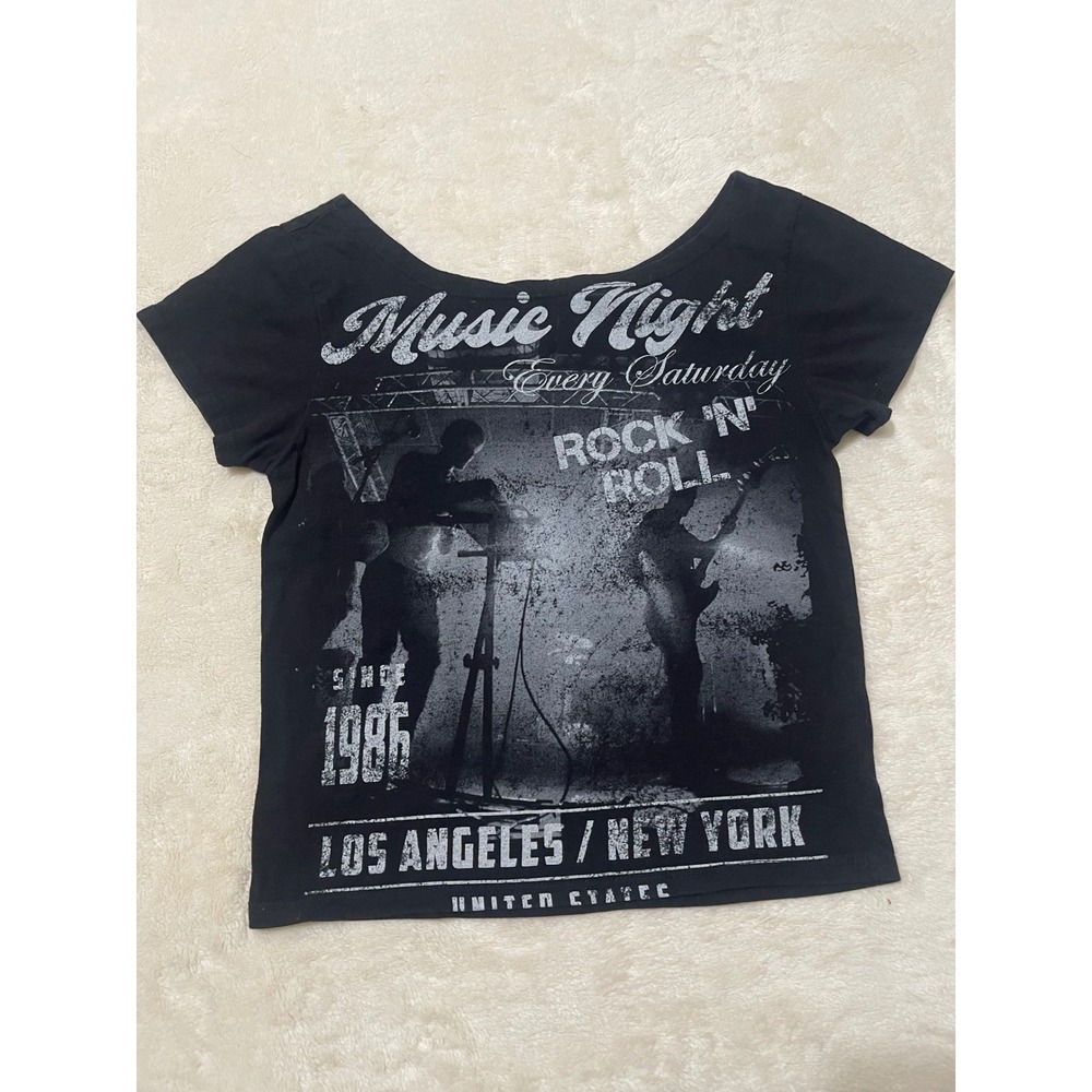 Music Night Rock N Roll Graphic Tee Black Scoop Neck XS Cotton Los Angeles NY